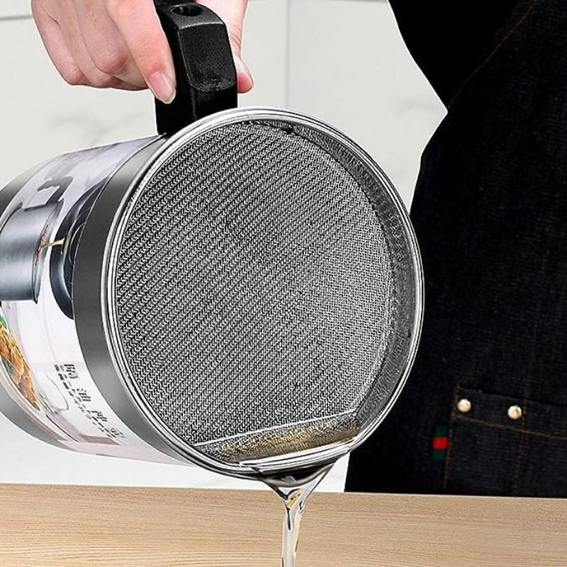 1.4L Fryer Oil Filter Pot | Carbon Steel Body with Stainless Steel Strainer & Lid | Kitchen Oil Storage Jug - Flashkart Pakistan