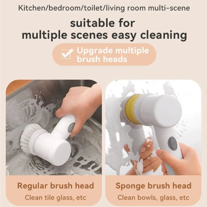 5 in1 Rechargeable Magic Brush | Car Waxing Handheld Scrubber | 360 Degree Rotate with 3 Replaceable Multipurpose Brush | Heads Kitchen Dishwashing Sponge Electric Cleaning BrushLow - Flashkart Pakistan
