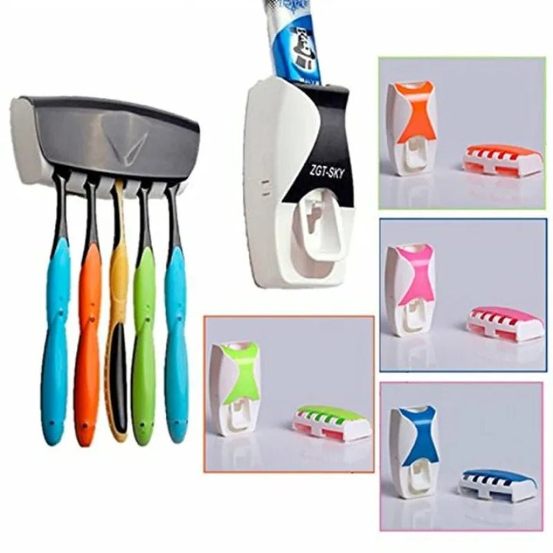 Automatic Toothpaste Dispenser Set with Wall - Mounted Toothbrush Holder | Random Colors - Flashkart Pakistan