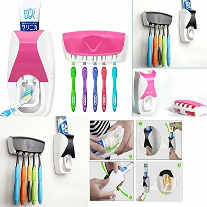 Automatic Toothpaste Dispenser Set with Wall - Mounted Toothbrush Holder | Random Colors - Flashkart Pakistan