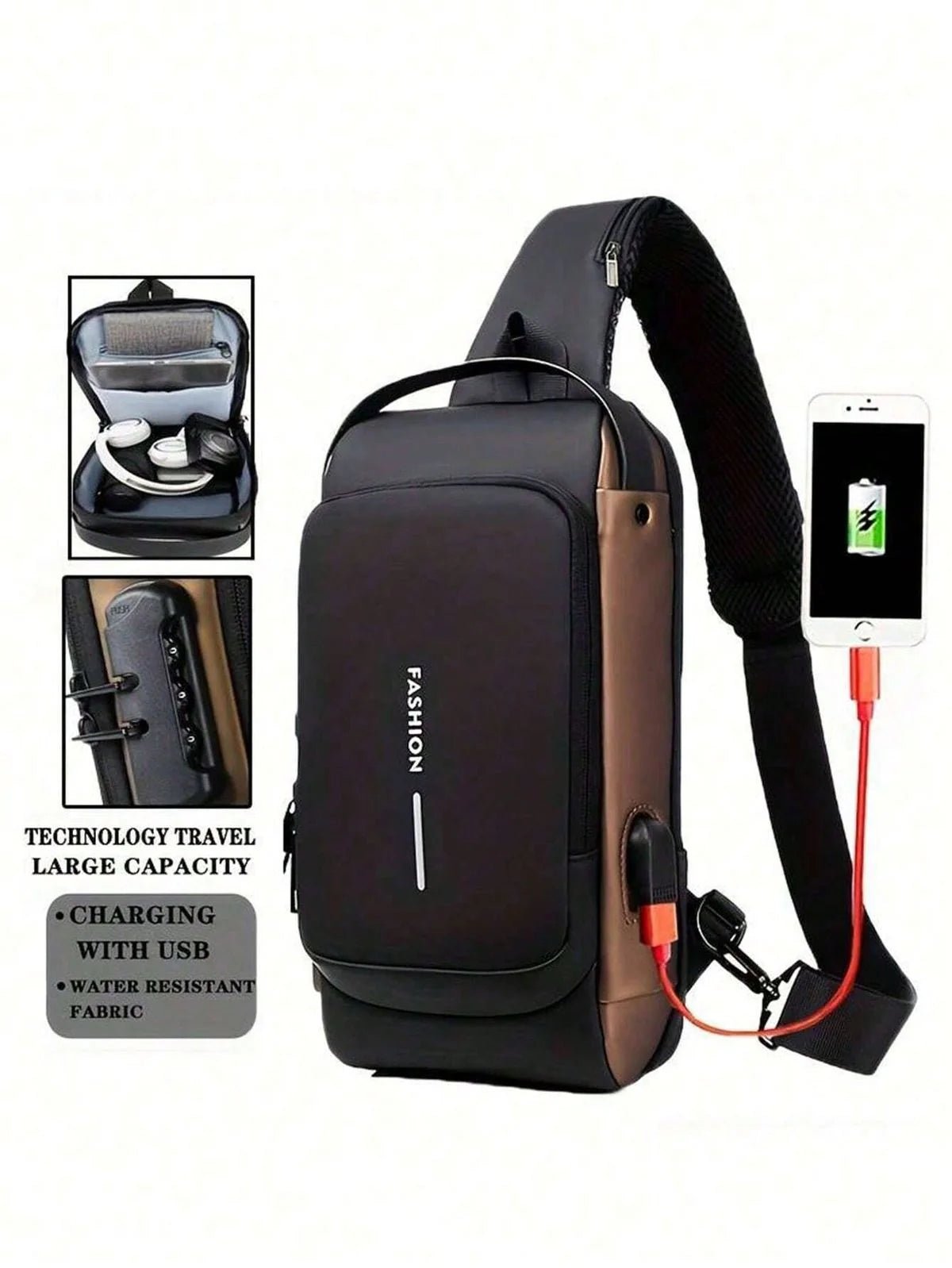 Blue & Brown | Multifunction Anti - Theft USB Charging Crossbody Shoulder Bag | Stylish, Secure, and Ready for Adventures - Flashkart Pakistan