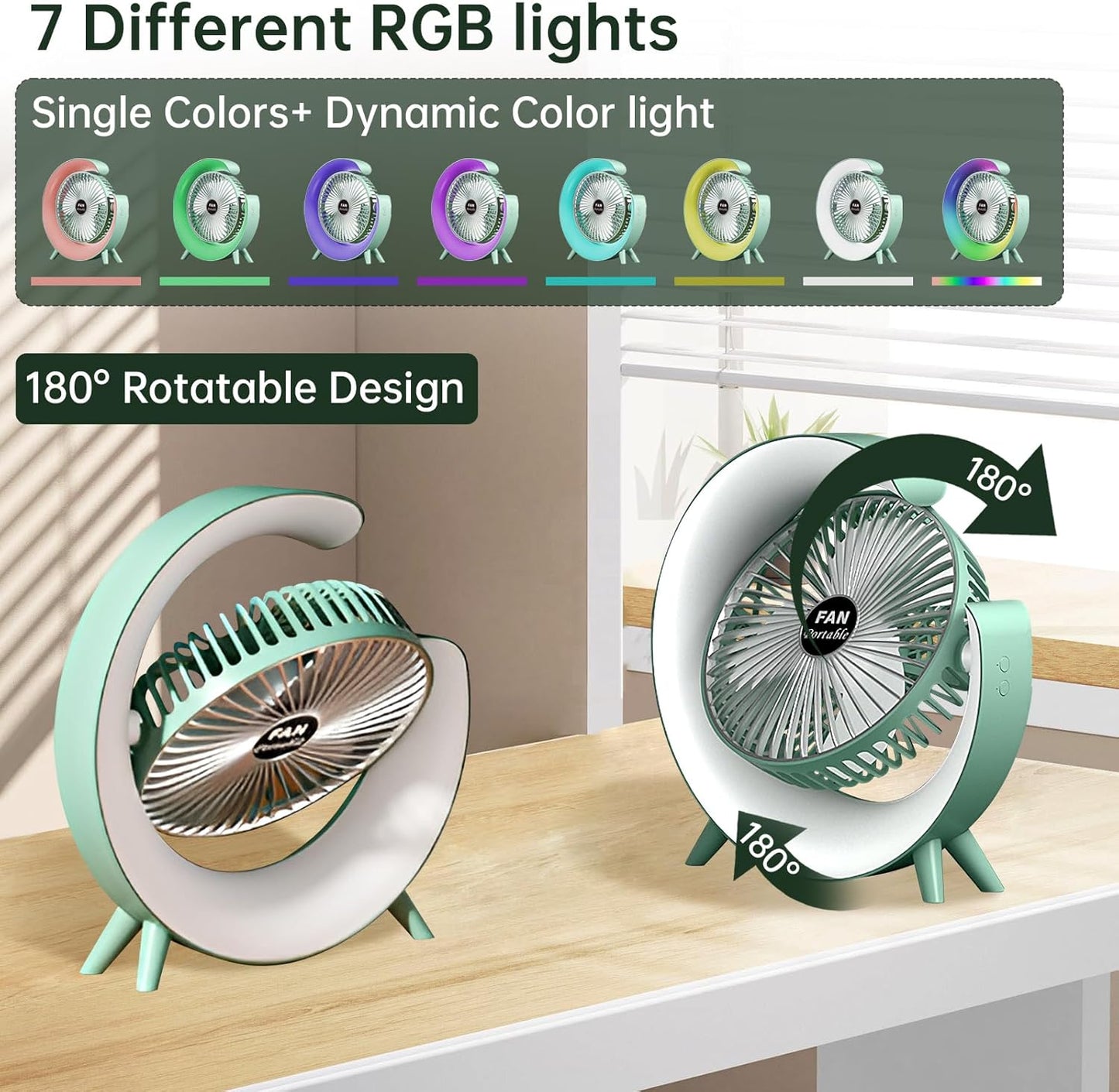Colorful Desktop Fan | USB Rechargeable, Silent, 3 - Speed with LED Ambient Light - Flashkart Pakistan