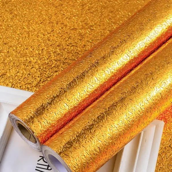Golden Foil Kitchen Wallpaper Sticker (60*200 cm) | Peel & Stick Aluminum Foil Wallpaper | Self - Adhesive, Oil - Proof, and Waterproof for Kitchen Decor - Flashkart Pakistan