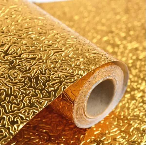 Golden Foil Kitchen Wallpaper Sticker (60*200 cm) | Peel & Stick Aluminum Foil Wallpaper | Self - Adhesive, Oil - Proof, and Waterproof for Kitchen Decor - Flashkart Pakistan
