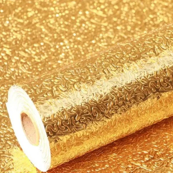 Golden Foil Kitchen Wallpaper Sticker (60*200 cm) | Peel & Stick Aluminum Foil Wallpaper | Self - Adhesive, Oil - Proof, and Waterproof for Kitchen Decor - Flashkart Pakistan