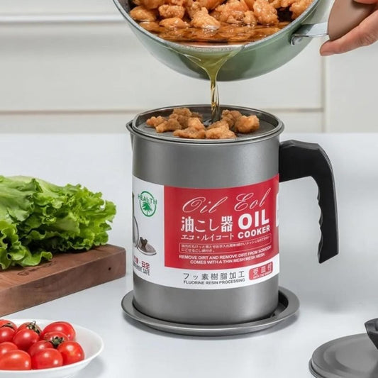 1.4L Fryer Oil Filter Pot | Carbon Steel Body with Stainless Steel Strainer & Lid | Kitchen Oil Storage Jug - Flashkart Pakistan