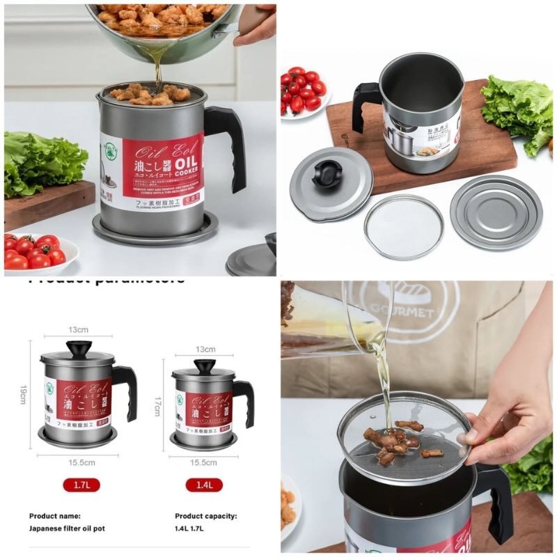1.4L Fryer Oil Filter Pot | Carbon Steel Body with Stainless Steel Strainer & Lid | Kitchen Oil Storage Jug - Flashkart Pakistan