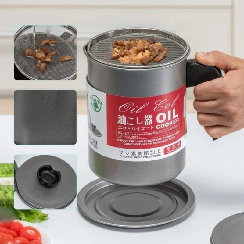1.4L Fryer Oil Filter Pot | Carbon Steel Body with Stainless Steel Strainer & Lid | Kitchen Oil Storage Jug - Flashkart Pakistan