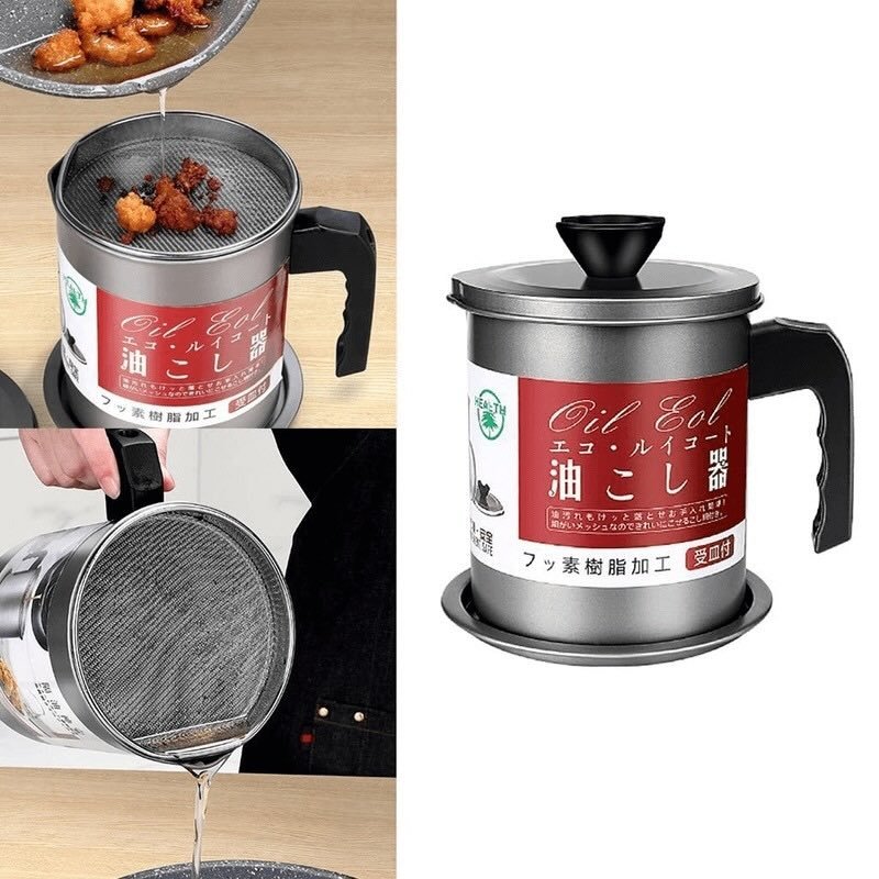 1.4L Fryer Oil Filter Pot | Carbon Steel Body with Stainless Steel Strainer & Lid | Kitchen Oil Storage Jug - Flashkart Pakistan