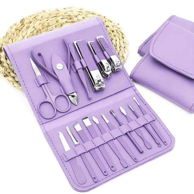 16 Pcs Stainless Steel Color - Coated Manicure and Pedicure Set with Leather Case for Travel and Home Use | Random Color - Flashkart Pakistan