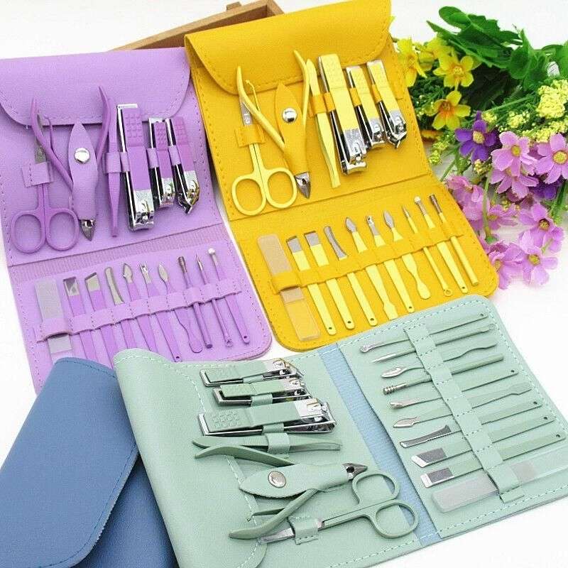 16 Pcs Stainless Steel Color - Coated Manicure and Pedicure Set with Leather Case for Travel and Home Use | Random Color - Flashkart Pakistan