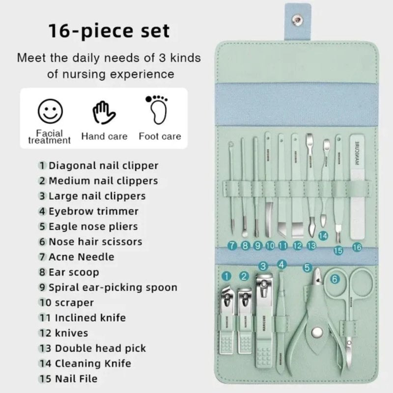 16 Pcs Stainless Steel Color - Coated Manicure and Pedicure Set with Leather Case for Travel and Home Use | Random Color - Flashkart Pakistan
