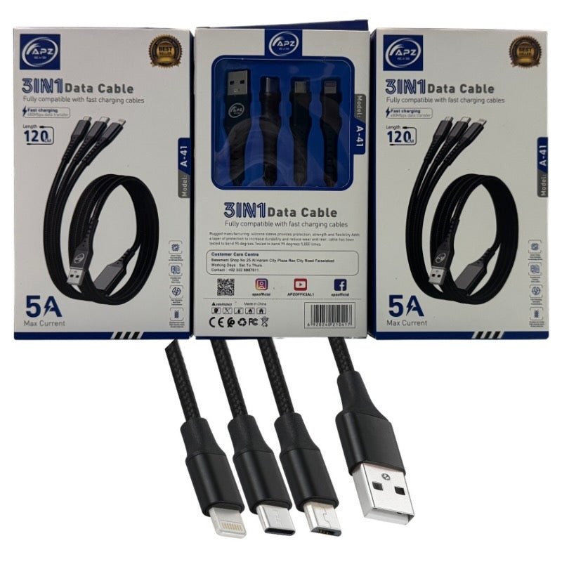 3 - in - 1 Fast Charging Cable | 100W | 480Mbps | 120cm | Type - C, Micro, Lightning - Flashkart Pakistan