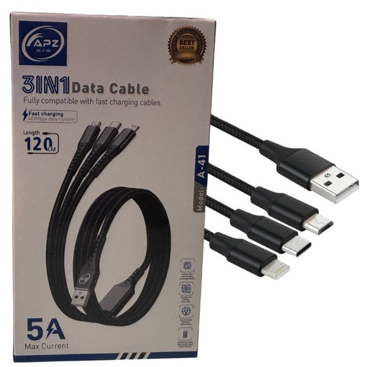 3 - in - 1 Fast Charging Cable | 100W | 480Mbps | 120cm | Type - C, Micro, Lightning - Flashkart Pakistan