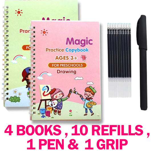 4 in 1 Sank Magic Book | Reusable Magic Practice Copy Book | 4 books + 1 Pen + 10 Refills +1 Grip - Flashkart Pakistan