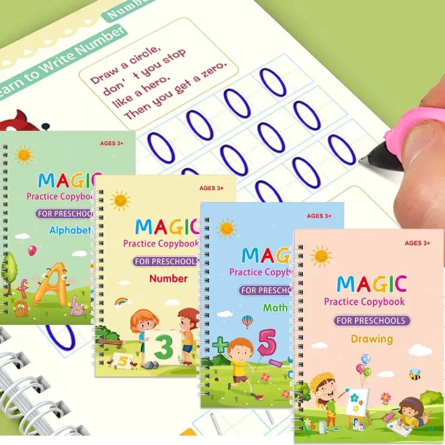 4 in 1 Sank Magic Book | Reusable Magic Practice Copy Book | 4 books + 1 Pen + 10 Refills +1 Grip - Flashkart Pakistan