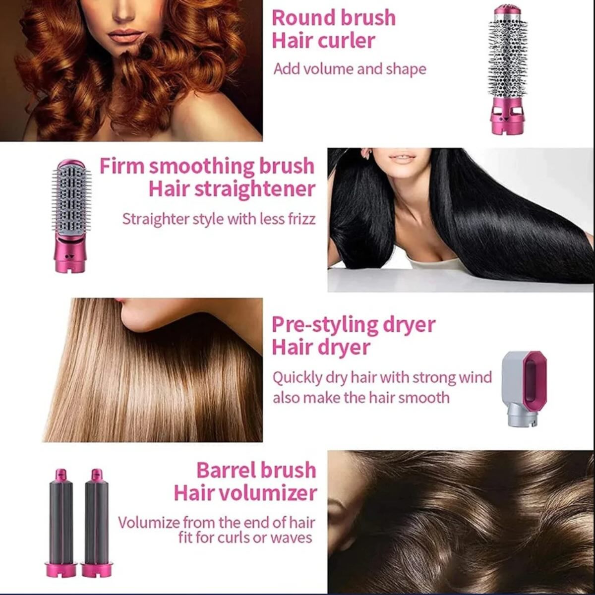 5 - in - 1 Electric Hair Dryer Brush Kit I Blow Dryer, Straightener, Curler & Volumizer (Random Color) - Flashkart Pakistan