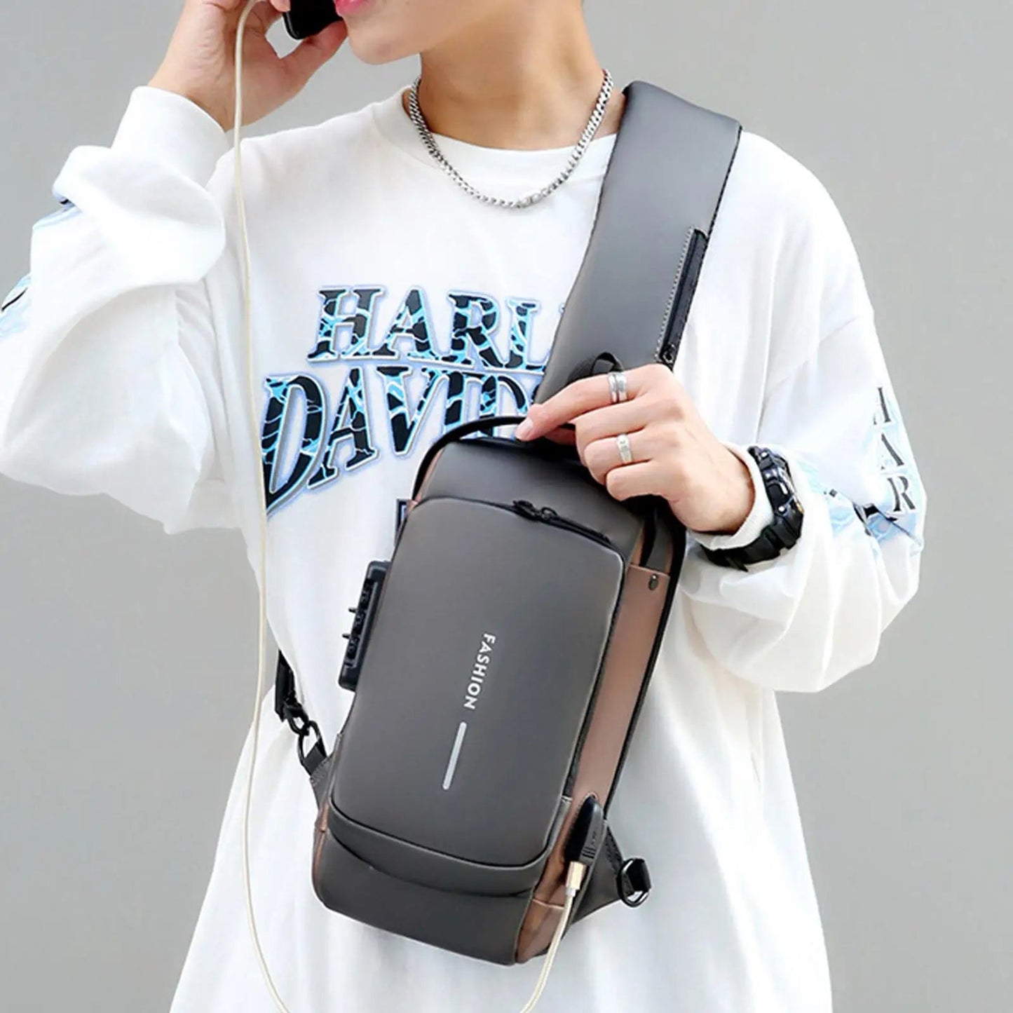 Blue & Brown | Multifunction Anti - Theft USB Charging Crossbody Shoulder Bag | Stylish, Secure, and Ready for Adventures - Flashkart Pakistan