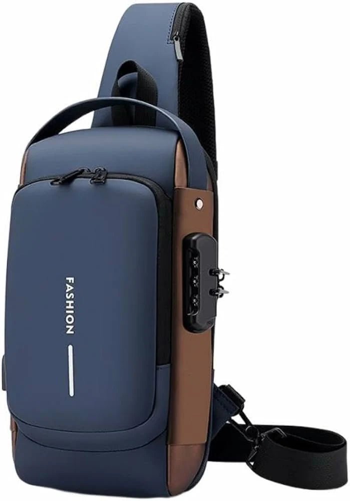 Blue & Brown | Multifunction Anti - Theft USB Charging Crossbody Shoulder Bag | Stylish, Secure, and Ready for Adventures - Flashkart Pakistan