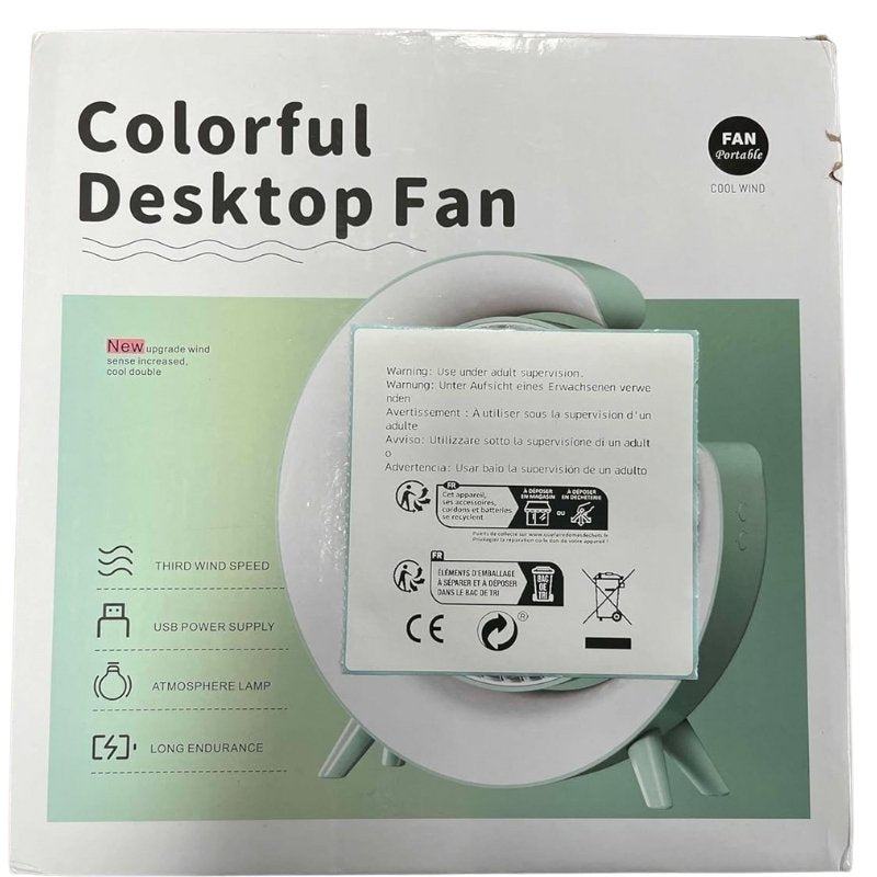Colorful Desktop Fan | USB Rechargeable, Silent, 3 - Speed with LED Ambient Light - Flashkart Pakistan