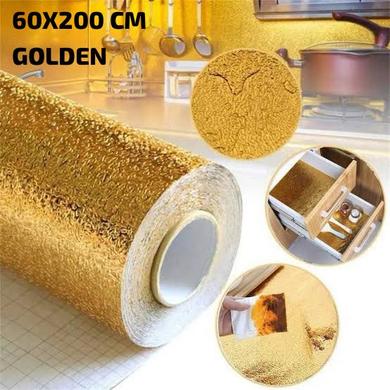 Golden Foil Kitchen Wallpaper Sticker (60*200 cm) | Peel & Stick Aluminum Foil Wallpaper | Self - Adhesive, Oil - Proof, and Waterproof for Kitchen Decor - Flashkart Pakistan