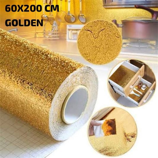 Golden Foil Kitchen Wallpaper Sticker (60*200 cm) | Peel & Stick Aluminum Foil Wallpaper | Self - Adhesive, Oil - Proof, and Waterproof for Kitchen Decor - Flashkart Pakistan