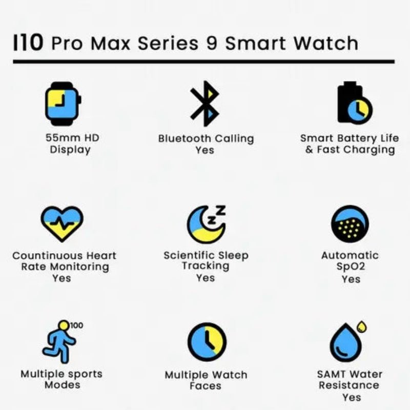 i10 Pro Max Smart Watch Series 9 – Bluetooth Calling, HD Display, Fitness & Health Tracker | Random Colors - Flashkart Pakistan