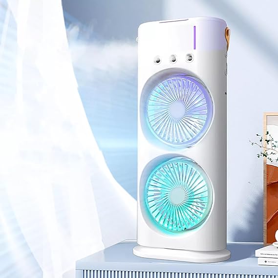 Mini Double Head Mist Fan with LED Light & Humidifier | Portable Air Cooler for Home, Office & Travel - Flashkart Pakistan