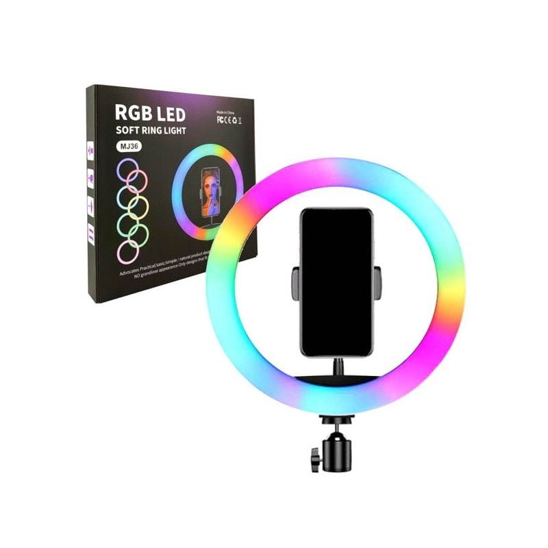 MJ36 RGB LED Soft Ring Light – 36cm | 16 Colors, Adjustable Brightness, with Phone Holder - Flashkart Pakistan