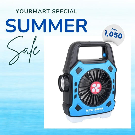 Multipurpose Rechargeable Desk & Camping Fan with LED Light, Flashlight & Power Bank – For Home, Travel & Outdoor Use | Random Color - Flashkart Pakistan