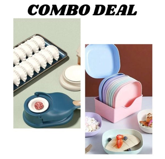 Pack of 2 | 10 - Piece Multi - Function Spit Bone Plate Set + 2 - in - 1 Dumpling & Samosa Maker | Premium Food - Grade Kitchen Set (Random Color) - Flashkart Pakistan