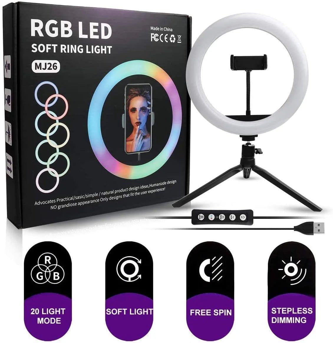 RGB LED Soft Ring Light MJ26 | 26cm (10.2”) | Dimmable with Tripod & Phone Holder, 360° Color Modes - Flashkart Pakistan