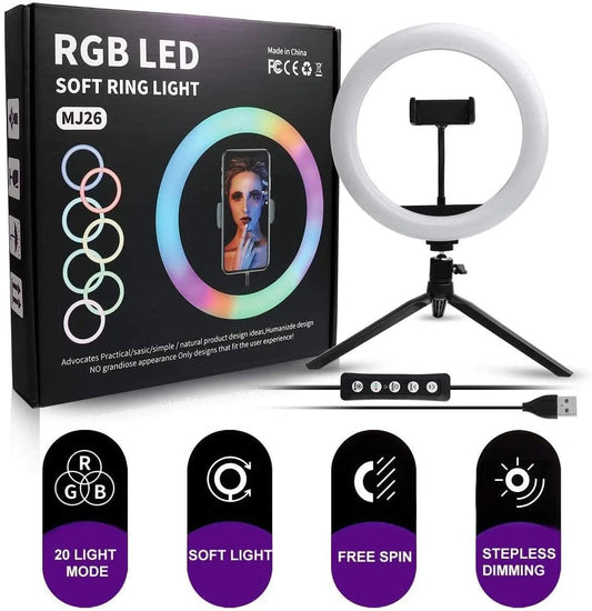 RGB LED Soft Ring Light MJ26 | 26cm (10.2”) | Dimmable with Tripod & Phone Holder, 360° Color Modes - Flashkart Pakistan