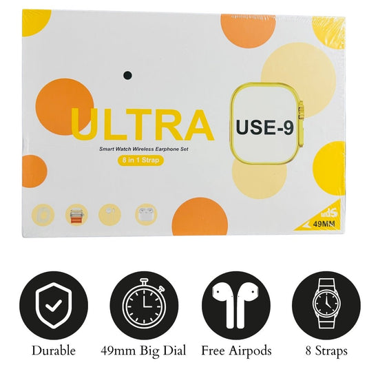 Smart Watch Ultra U.S.E | 9 8 in 1 Strap with Free Airpods - Flashkart Pakistan